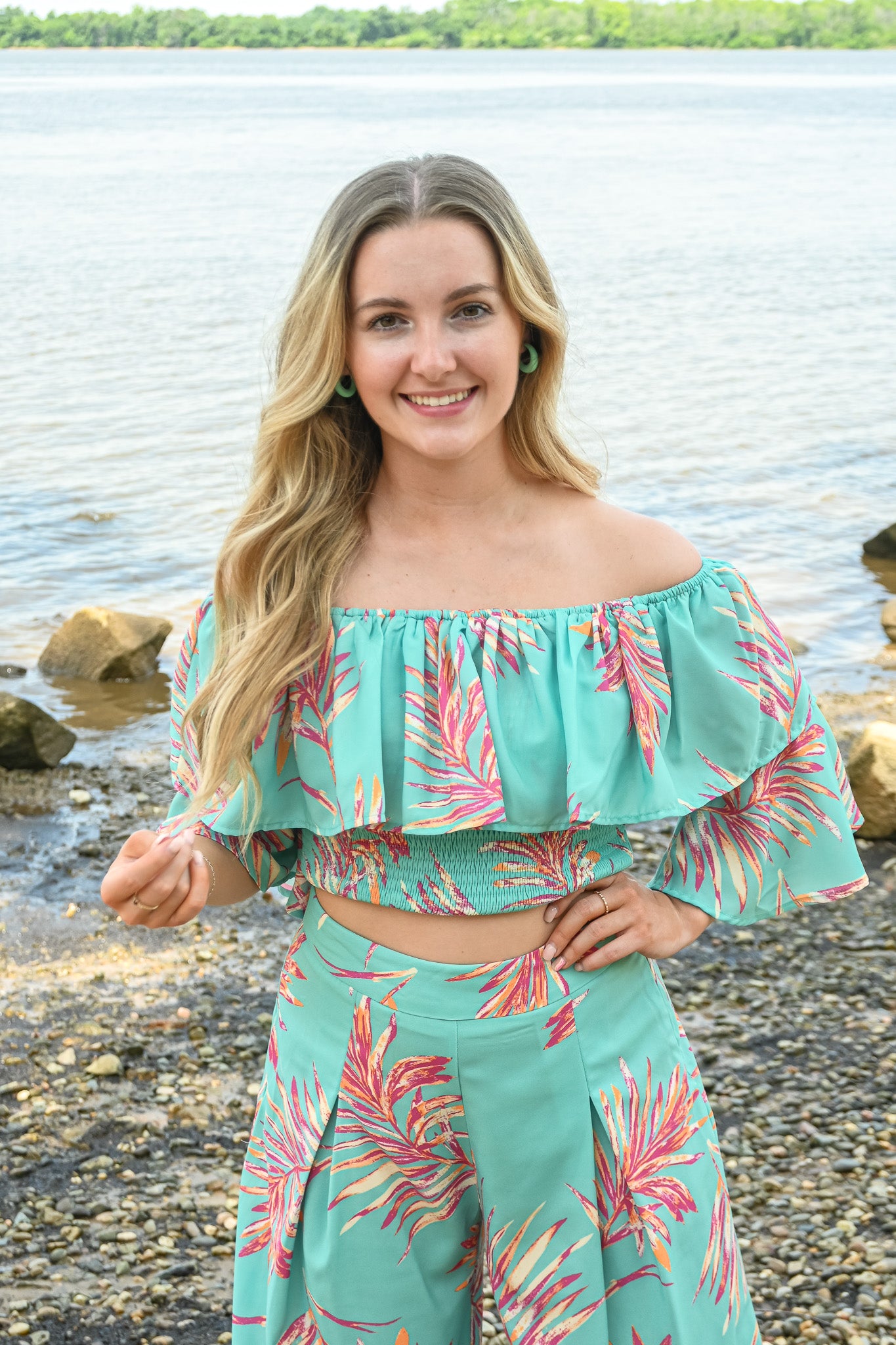 Turquoise Palms Wide Leg Trouser -