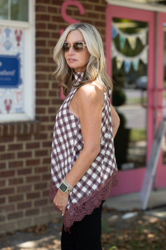 Trimmed in Lace Merlot Top