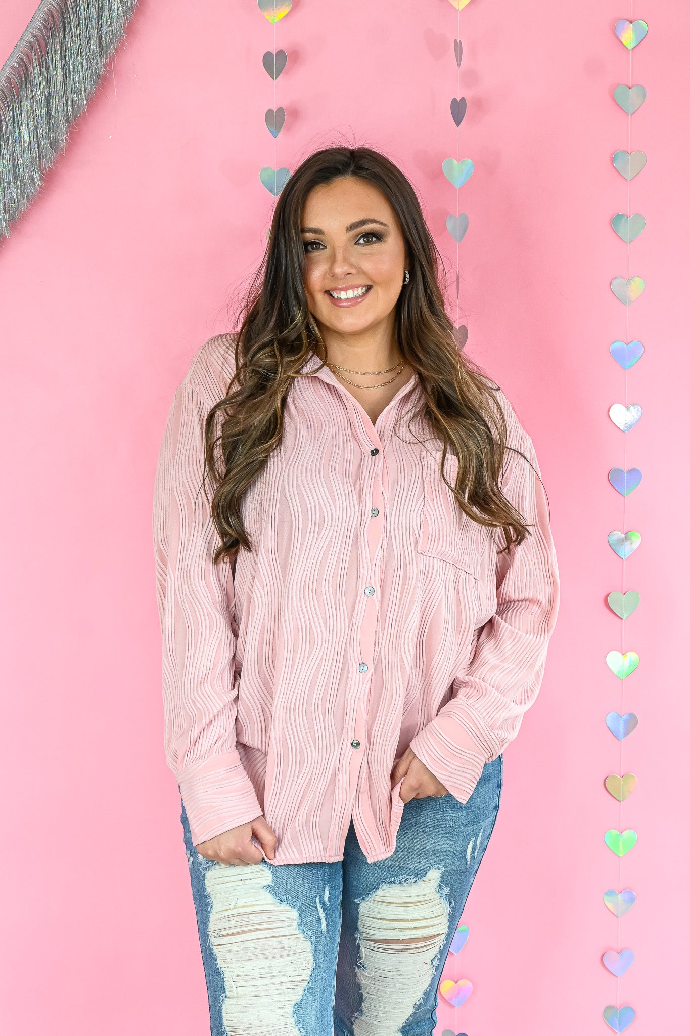 Rippled with Love Button Down - Pink -