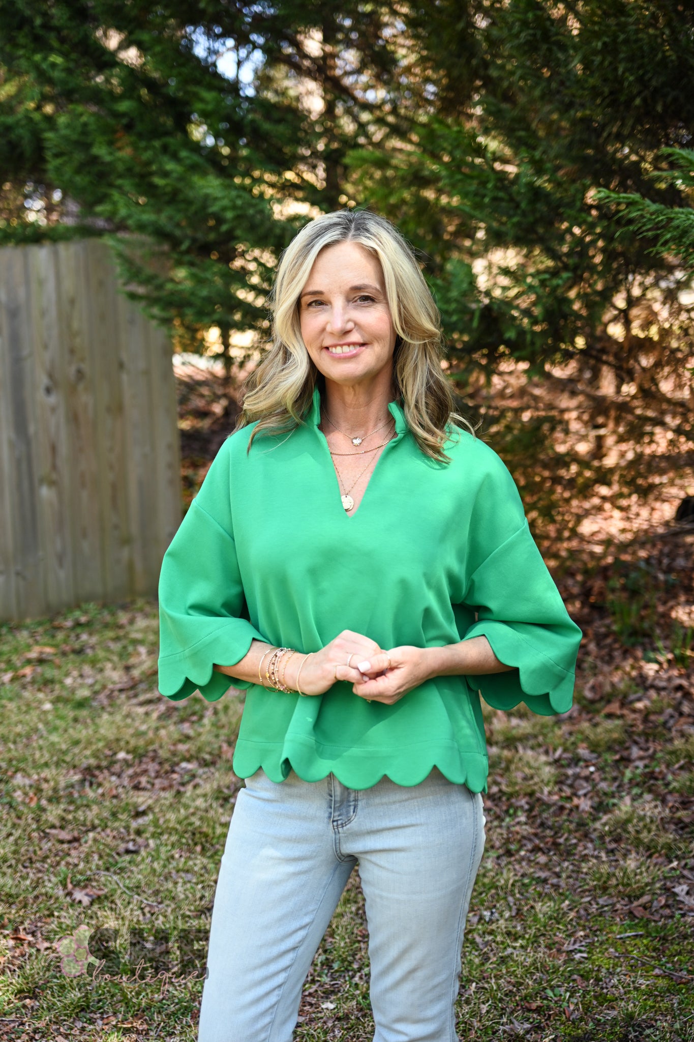 Green Break Through Scalloped Top