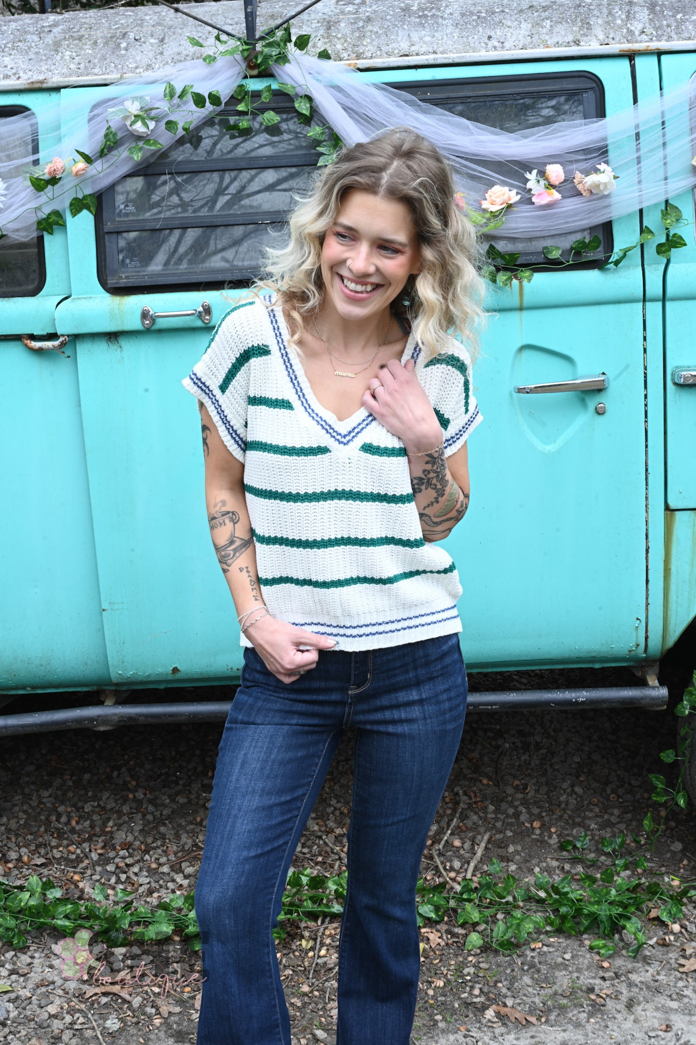 SS Green Stripe Sweater Top