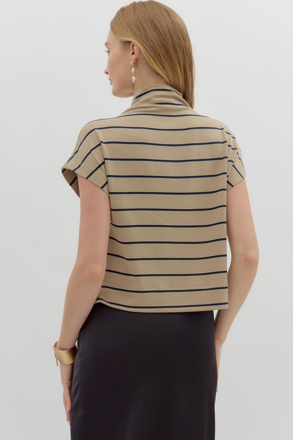 Taupe And Navy Stripes Mock Neck Top