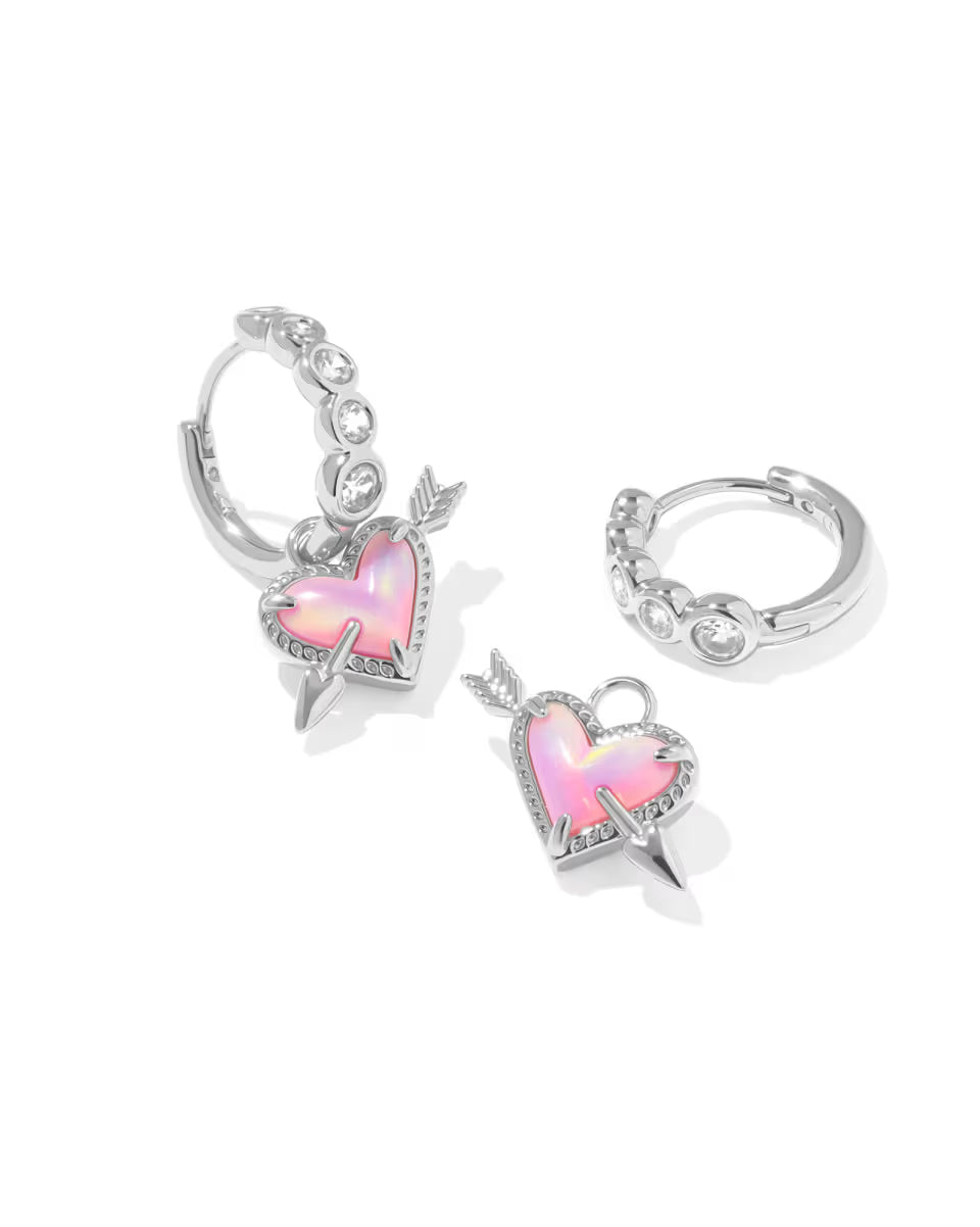 ARI HEART ARROW HUGGIE EARRINGS SILVER PINK OPALESCENT RESIN