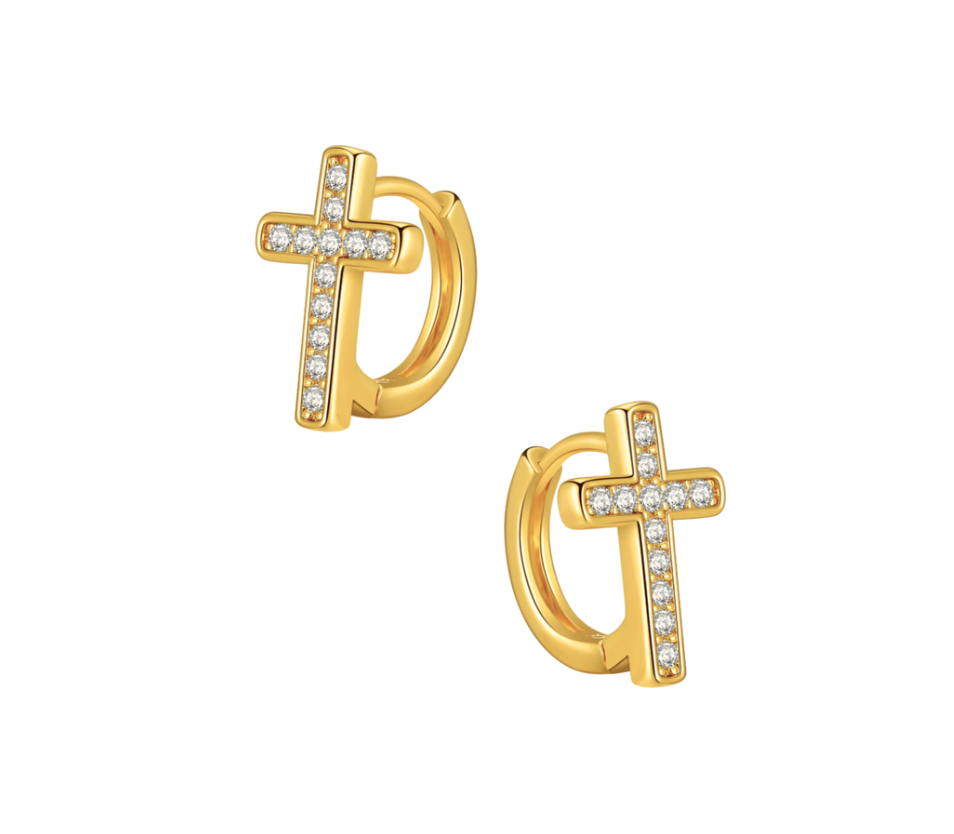 Ridge Cross Huggie Hoop Gold Earrings
