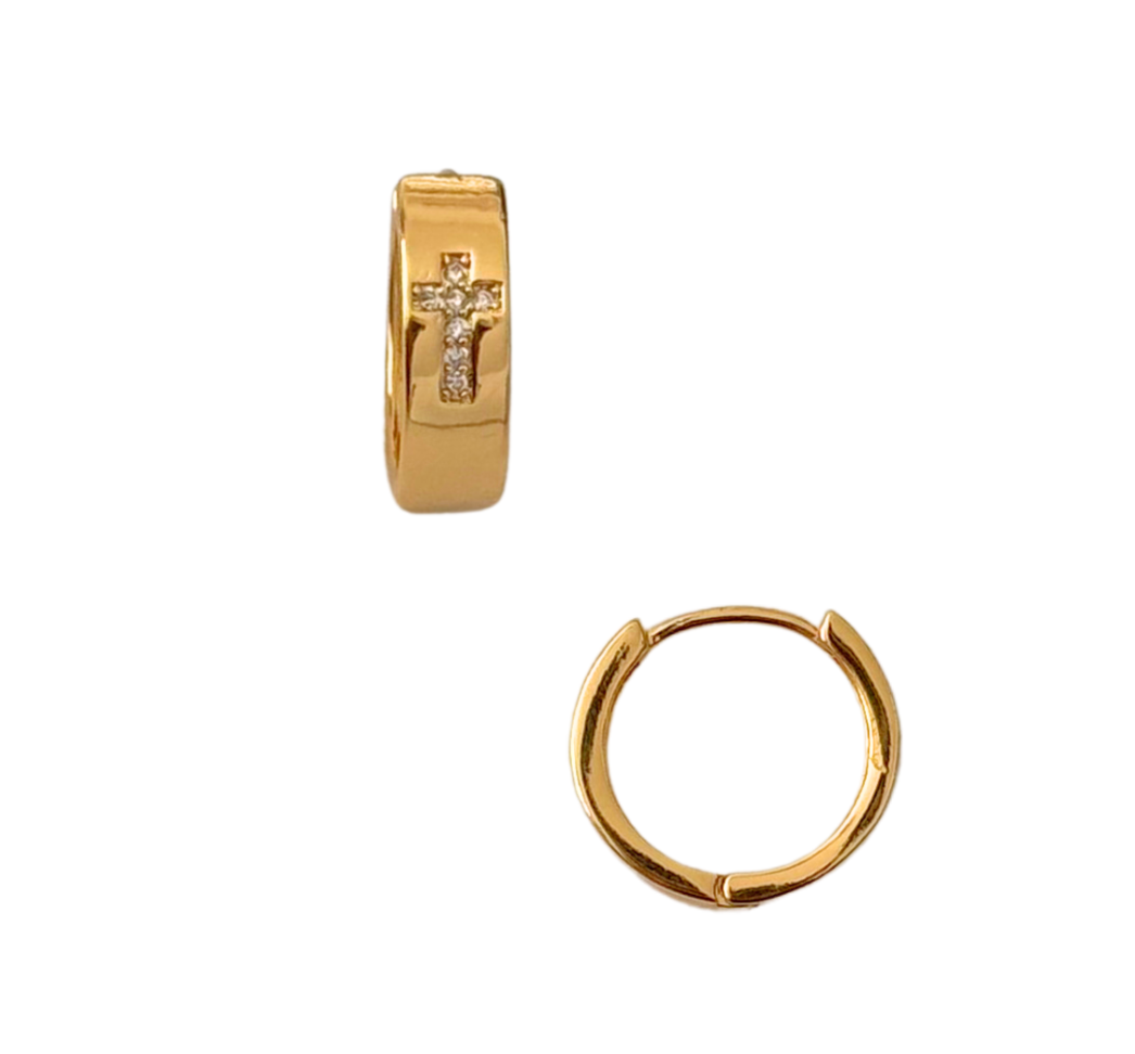 Denali Cross Huggie Gold Hoop Earrings