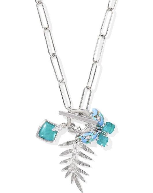 Bianca Butterfly Charm Necklace Rhodium Bright Aqua Mix