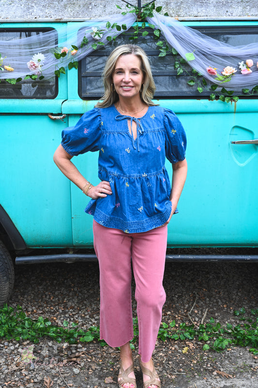 Embroidered Bow Denim Peplum Top