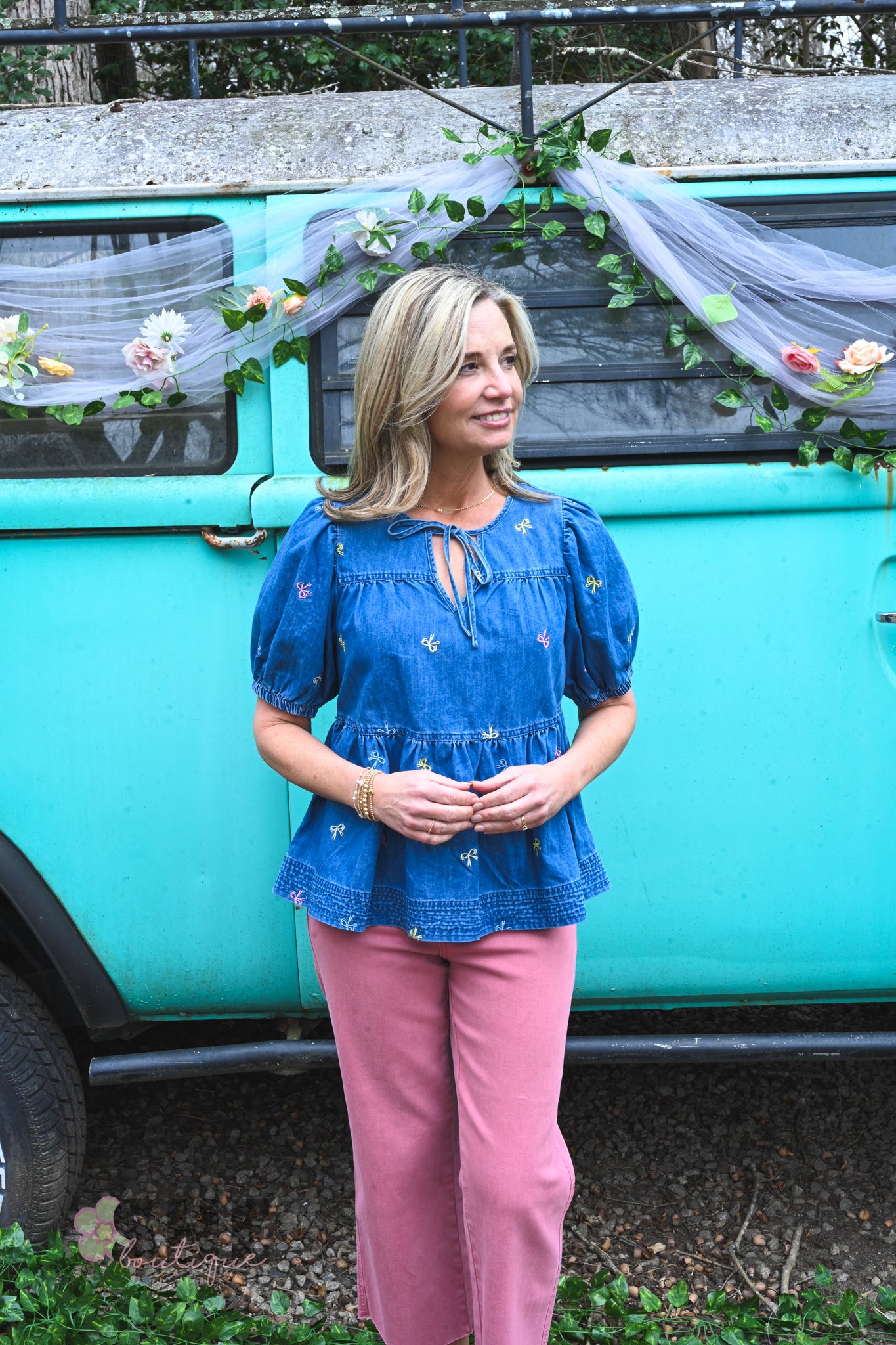 Embroidered Bow Denim Peplum Top