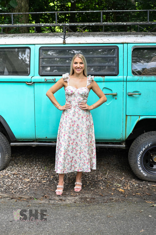Rosebud Ruffle Sleeve Midi Dress