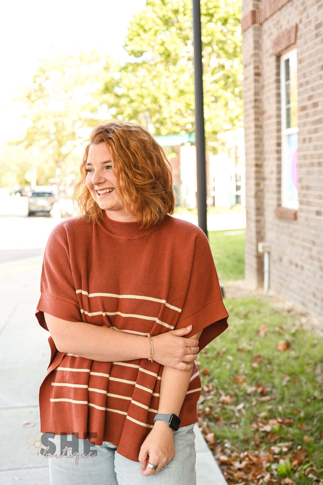 Rust Stripe Poncho Sweater -