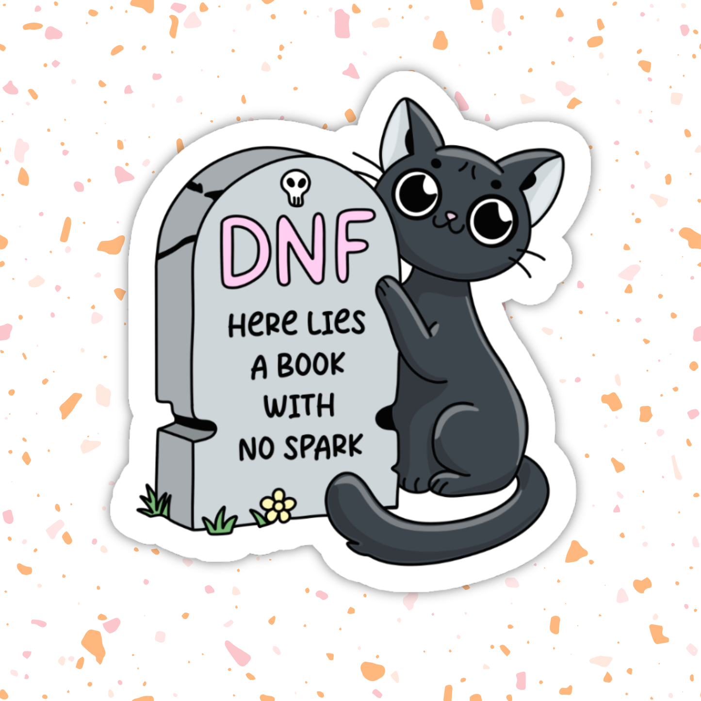 DNF Graveyard Cat Sticker – Bookish Halloween, Glossy Vinyl: 2.5"