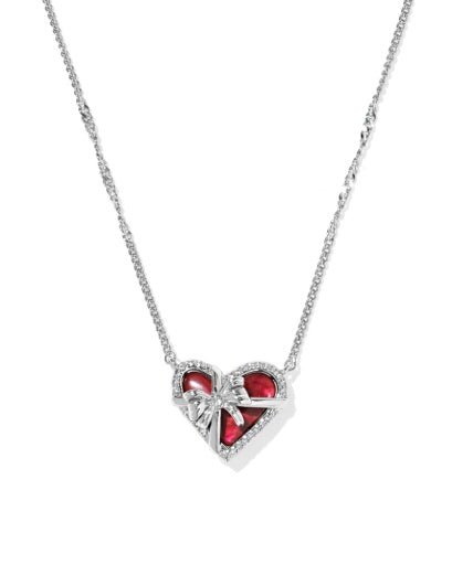Ari Heart Bow Short Pendant Necklace - Silver Dark Burgundy Illusion - She Chester