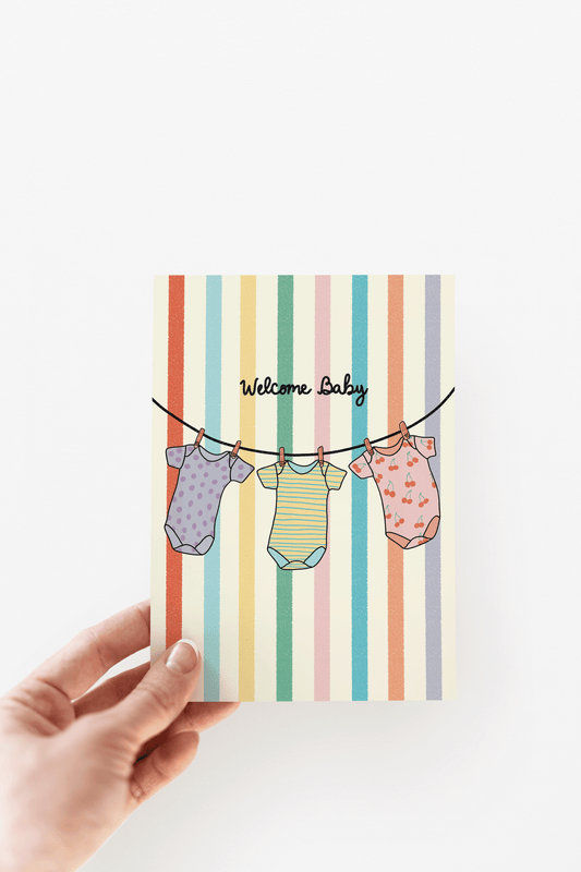 Welcome Baby Onesies Rainbow Striped New Baby Greeting Card