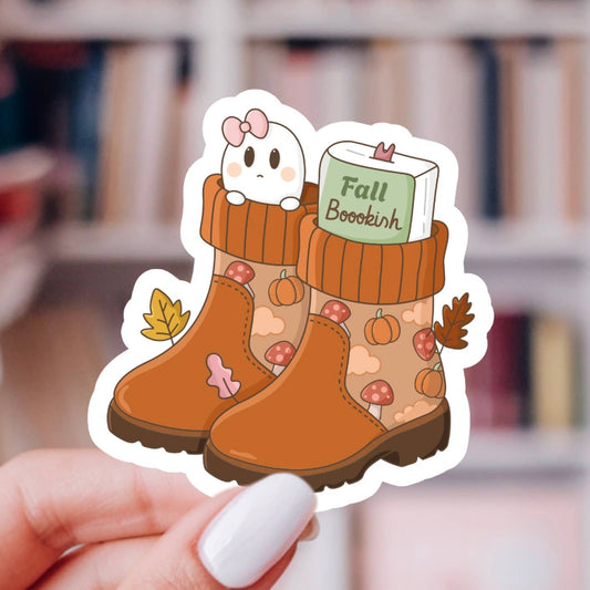 Cottagecore Fall Sticker – Bookish Ghost, Glossy Vinyl : 2.5"