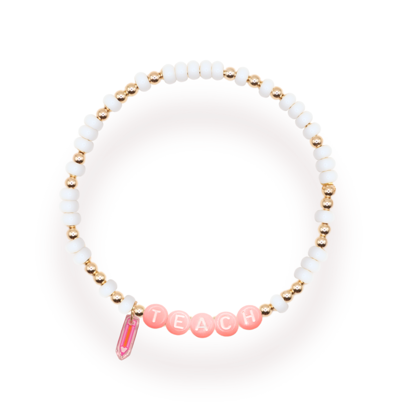Pink Teach Pencil Charm Bracelet: Standard 6.75 inch / Gold