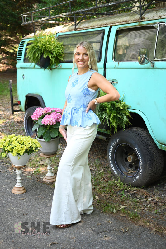 Chambray Embroidered Peplum Top - She Chester