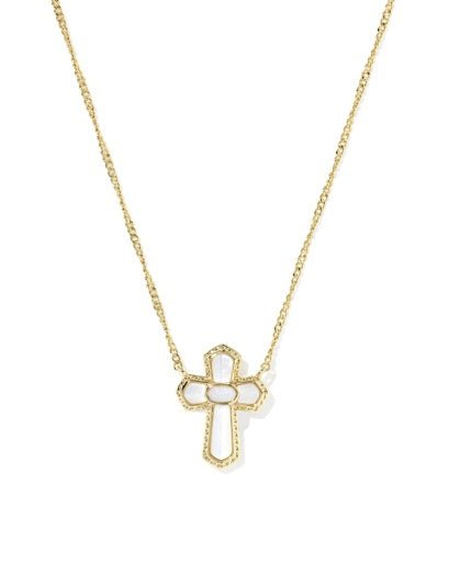 Cross Medallion Short Pendant Necklace - Gold Ivory Mother Of Pearl - She Chester