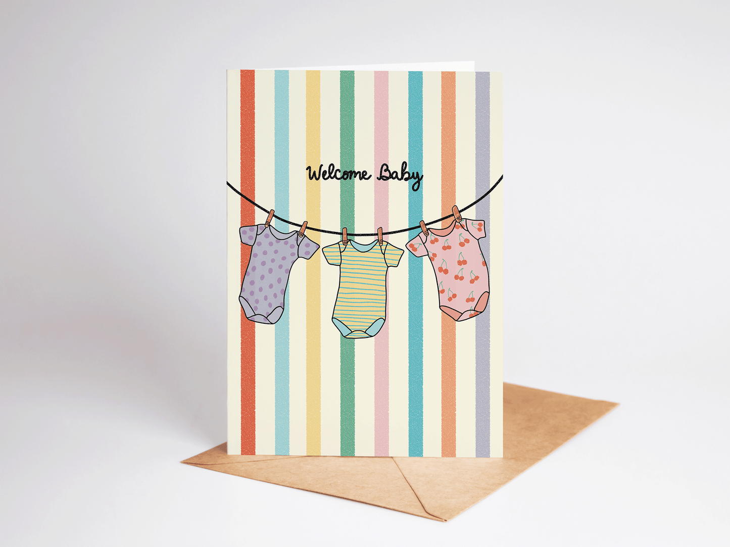 Welcome Baby Onesies Rainbow Striped New Baby Greeting Card