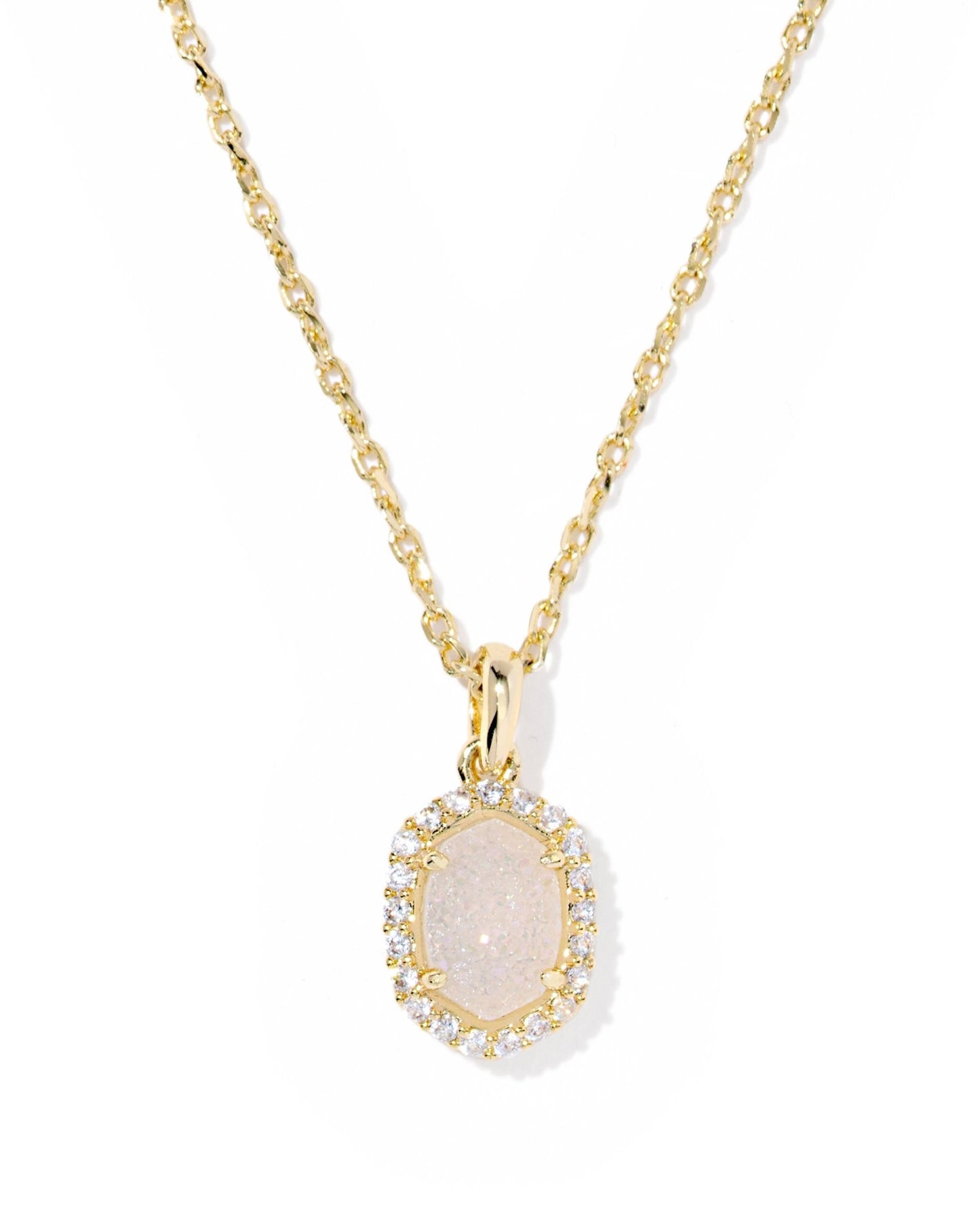 DAPHNE CRYSTAL FRAME SHORT PENDANT NECKLACE GOLD IRIDESCENT DRUSY - She Chester