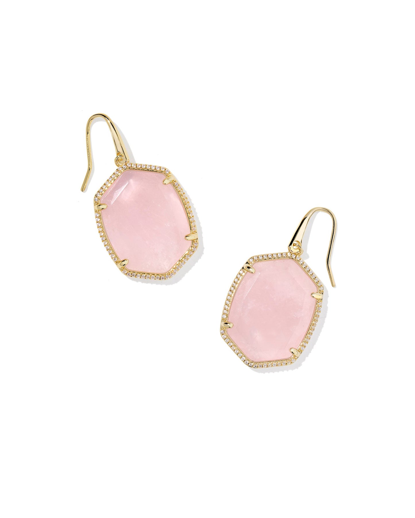 DAPHNE PAVE FRAME DROP EARRINGS GOLD ROSE QUARTZ - She Chester