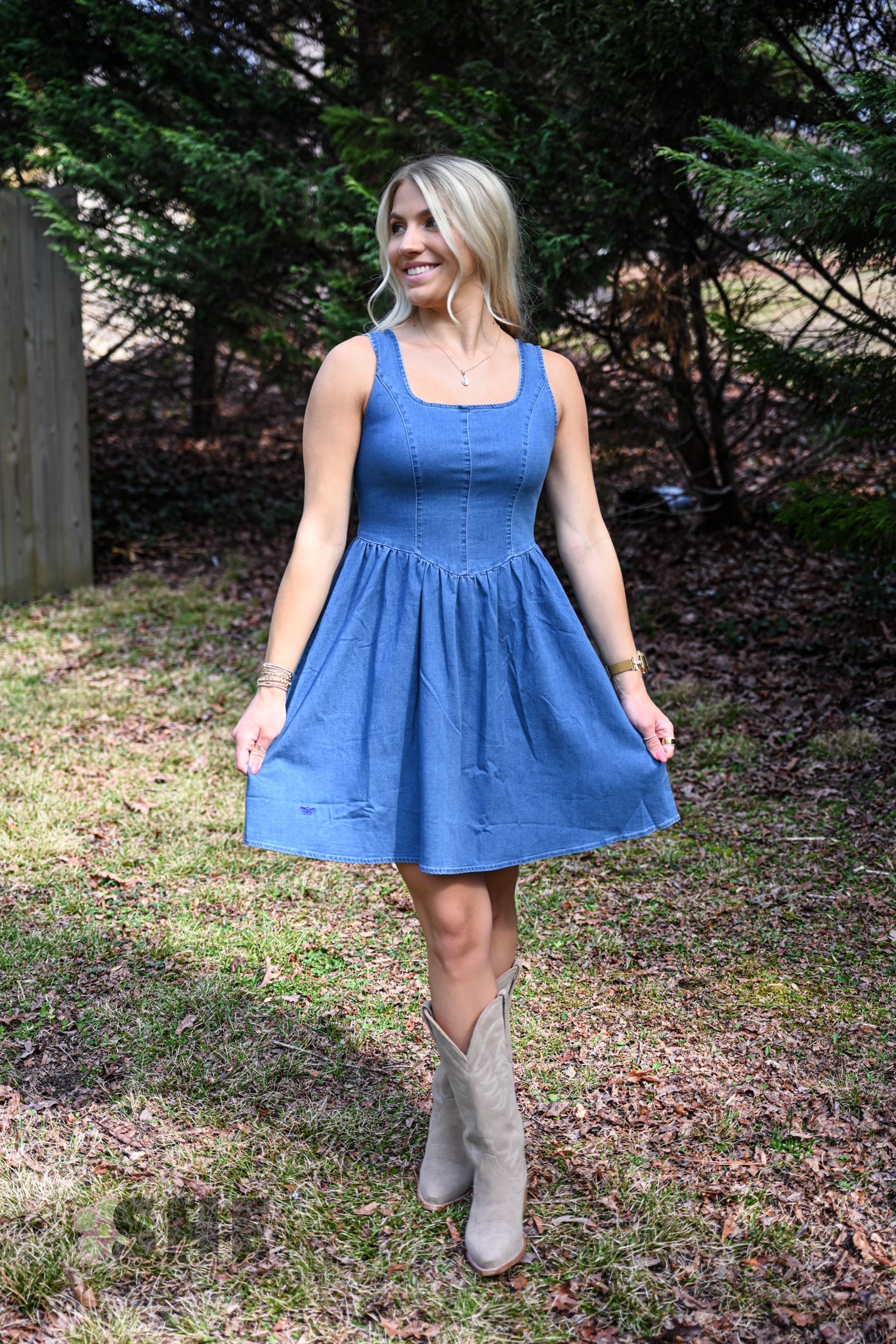 Denim Bow Back Dress - She Chester