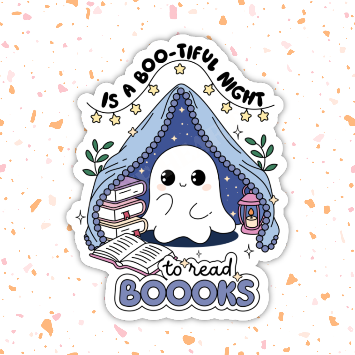 Bootiful Night To Read Sticker – Bookish Ghost, Glossy Vinyl: 2.5"