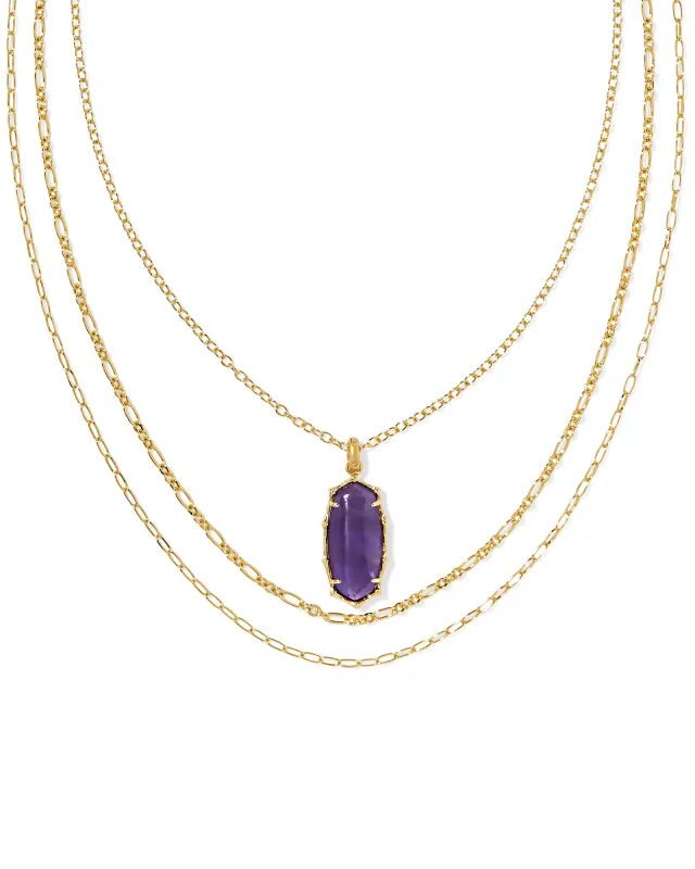 ELLE BAMBOO FRAME TRIPLE STRAND NECKLACE GOLD DARK PURPLE AMETHYST - She Chester