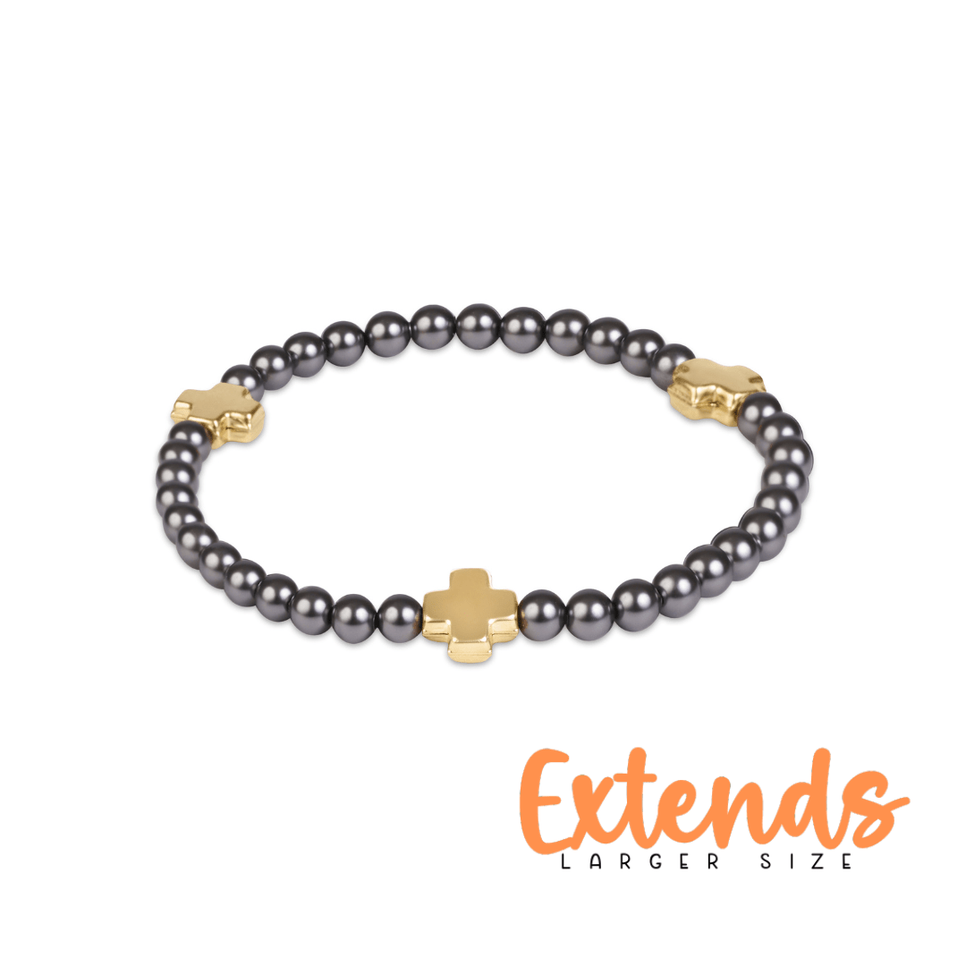 Extends Signature Cross 4mm Pearl Dark Grey Bracelet - Gold - She Chester