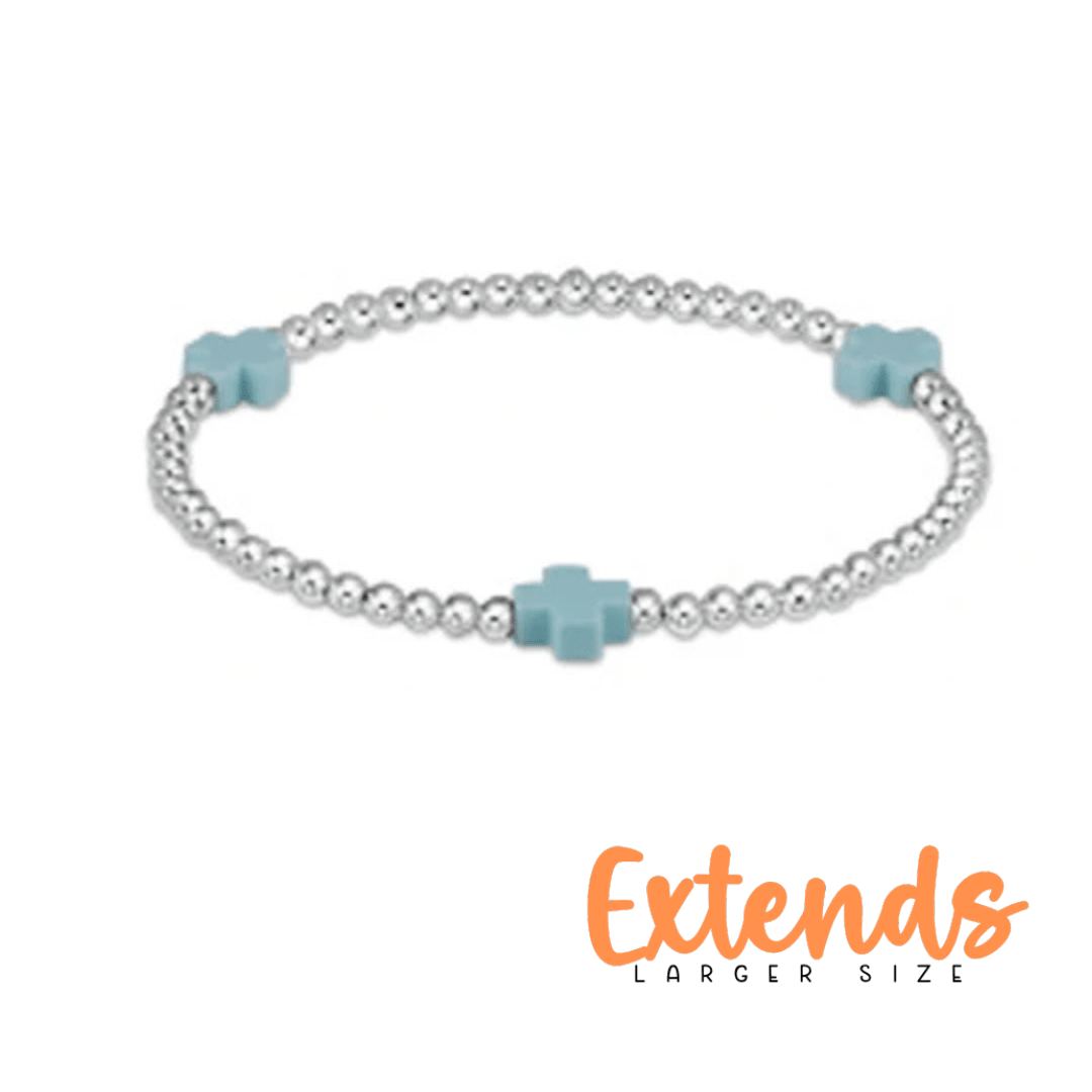 EXTENDS - SIGNATURE CROSS STERLING PATTERN 3MM BEAD BRACELET TURQ - She Chester