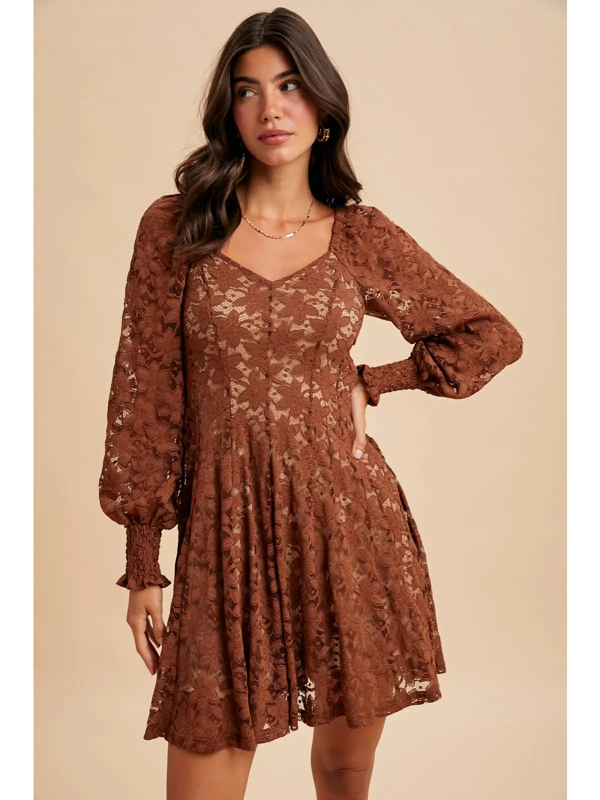 Copper Lace Fit And Flare Mini Dress