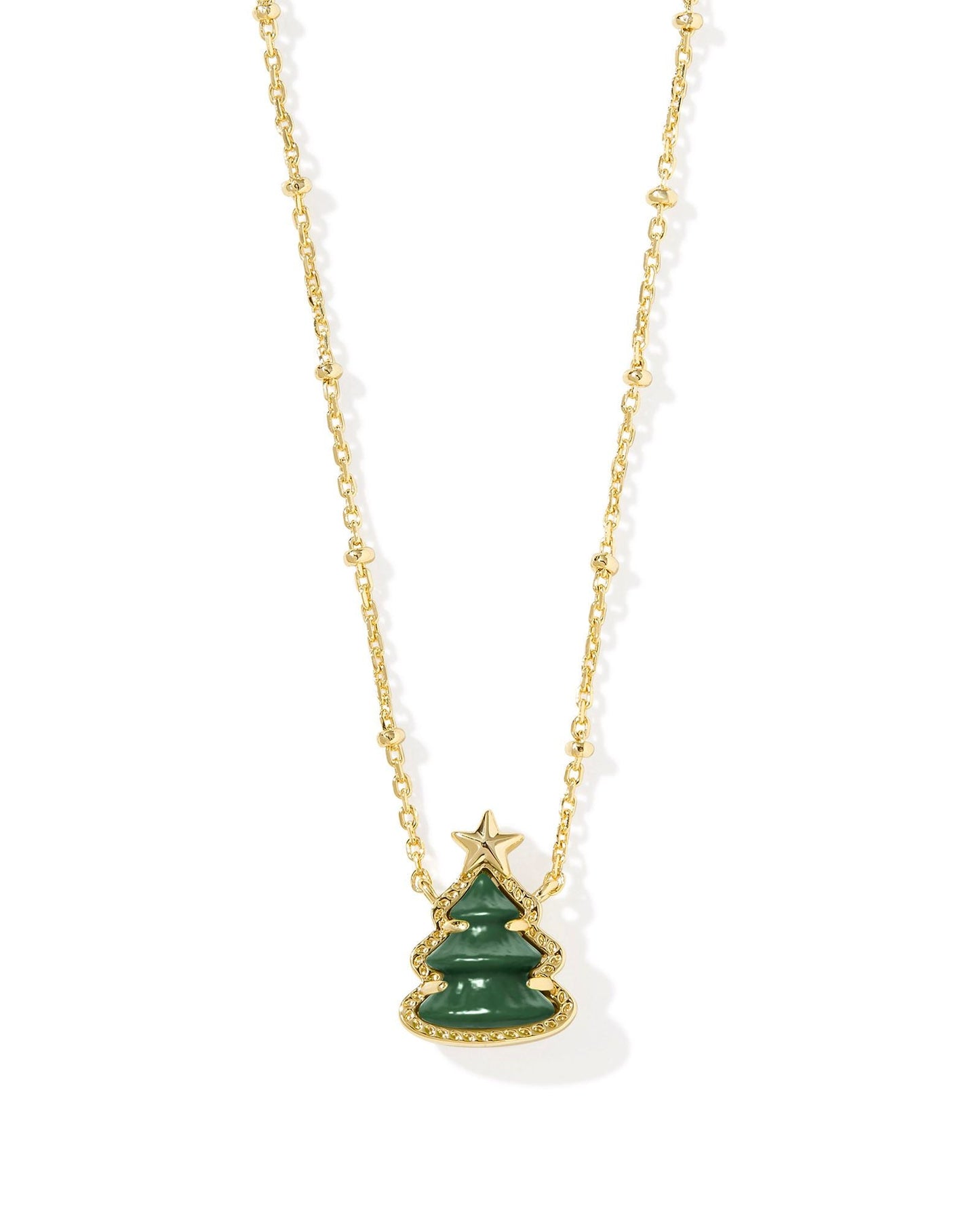 HOLIDAY TREE SHORT PENDANT NECKLACE GOLD GREEN QUARTZITE - She Chester