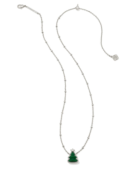 HOLIDAY TREE SHORT PENDANT NECKLACE SILVER GREEN QUARTZITE - She Chester