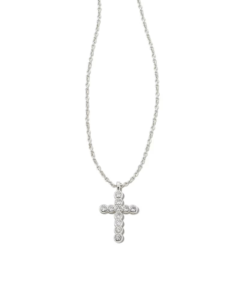 Cross Crystal Pendant Necklace Rhodium White Crystal