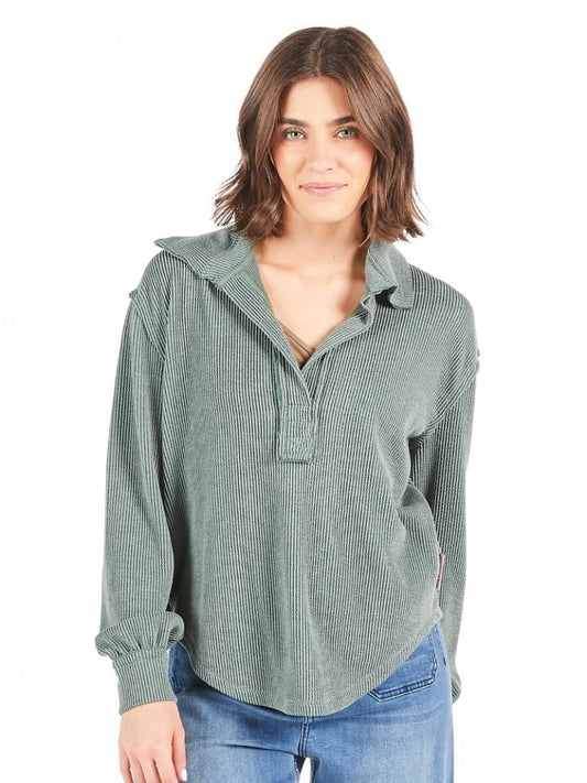 Knit V Neck Waffle Top - Jade - She Chester