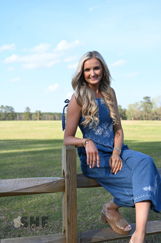 Meadow Embroidered Denim Jumpsuit - She Chester
