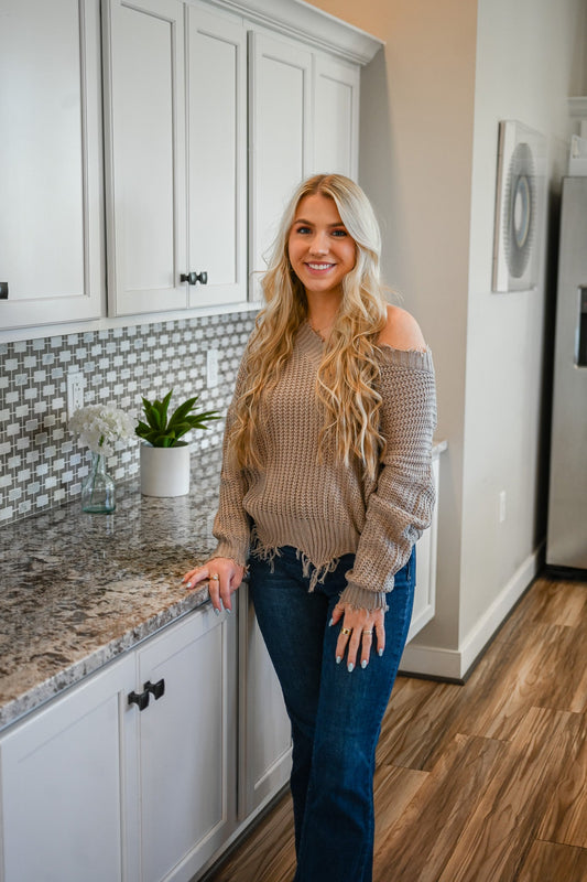 Nydia Taupe Distressed Sweater - She Chester