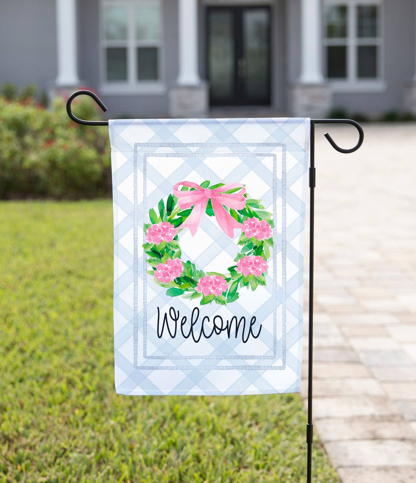 Pink Bow Wreath Garden Flag: 12" x 18" - Double - Sided - She Chester
