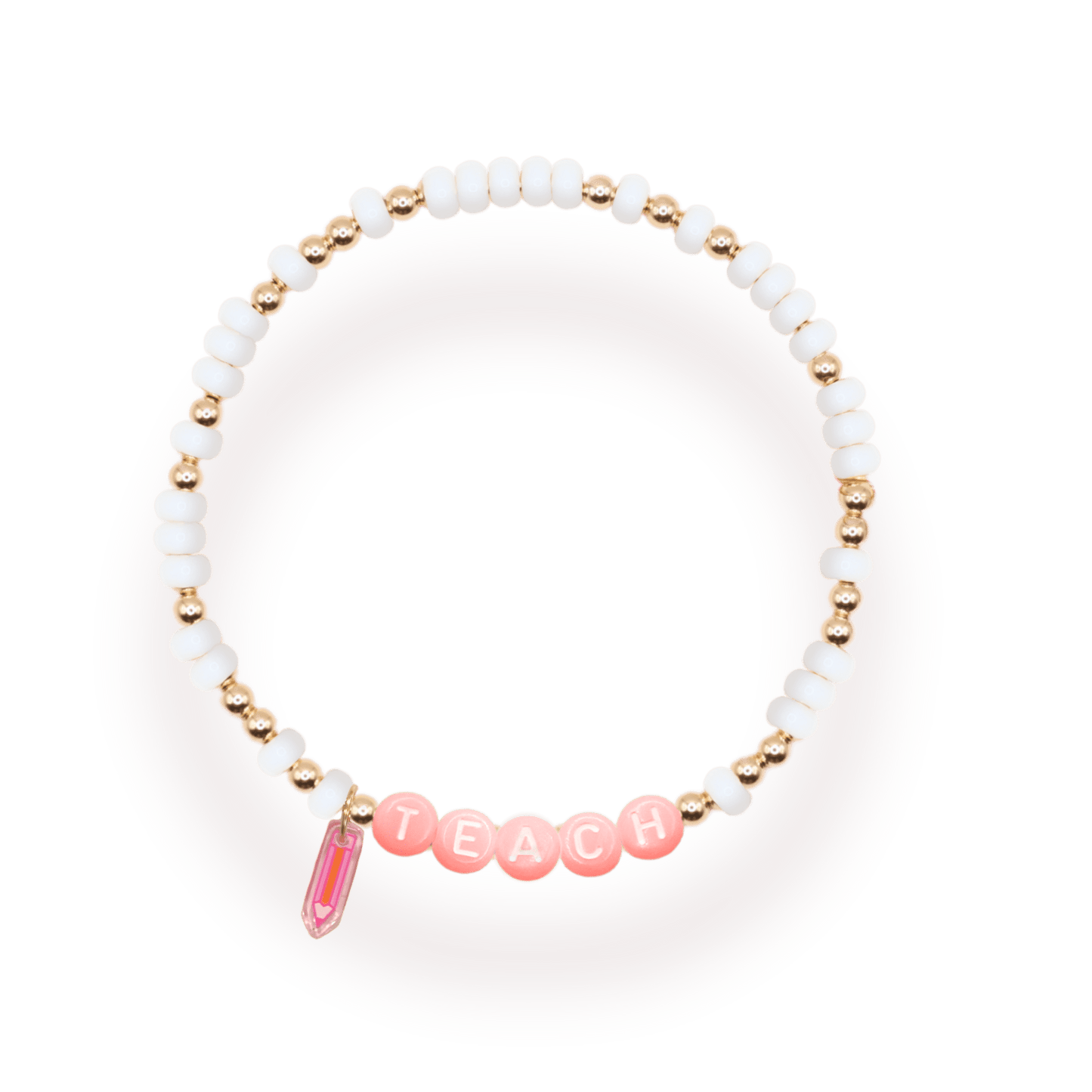 Pink Teach Pencil Charm Bracelet: Standard 6.75 inch / Gold - She Chester