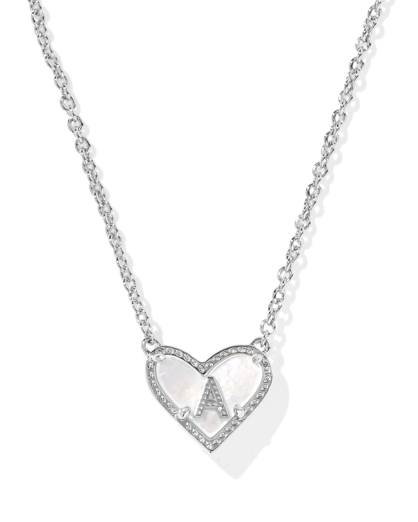 Rhodium Ivory MOP Heart Letter Pendant Necklace - She Chester