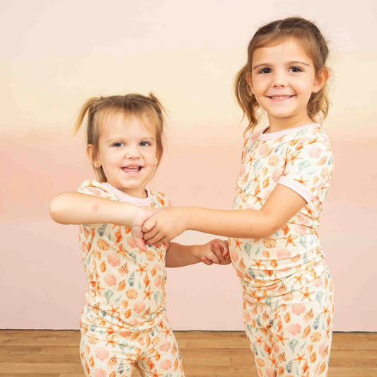 Sandy Seashells Bamboo Short Sleeve Kids Pajama Pants Set