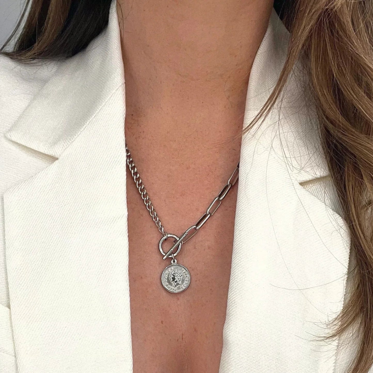 Stacie Toggle Chain Coin Necklace - Silver 249 - She Chester
