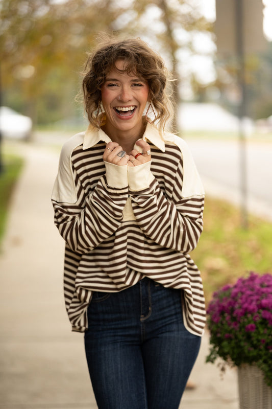 Striped Henley Sweatshirt: Chesnut - She Chester
