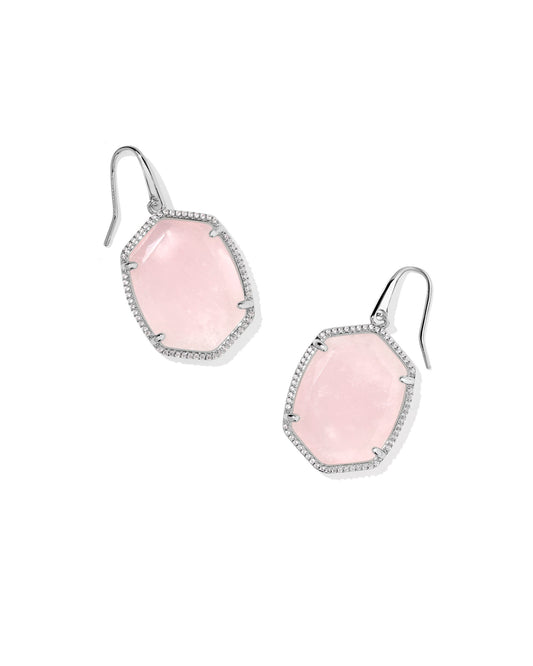 DAPHNE PAVE FRAME DROP EARRINGS SILVER ROSE QUARTZ