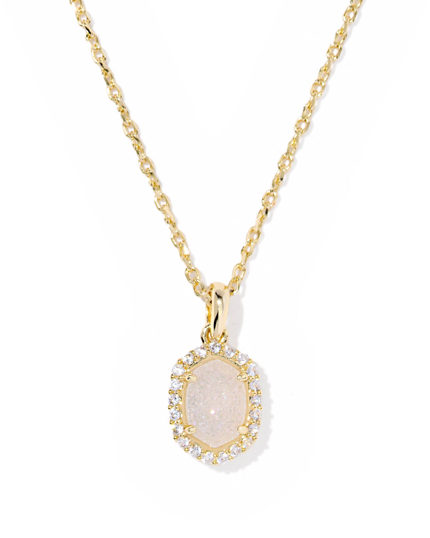 DAPHNE CRYSTAL FRAME SHORT PENDANT NECKLACE GOLD IRIDESCENT DRUSY