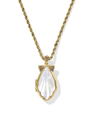 ALEXA LOCKET SHORT PENDANT NECKLACE VINTAGE GOLD IVORY MOTHER OF PEARL