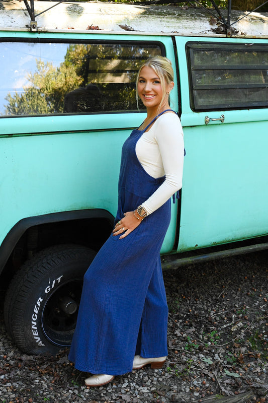 Winnie Navy Waffle Jumpsuit - She Chester