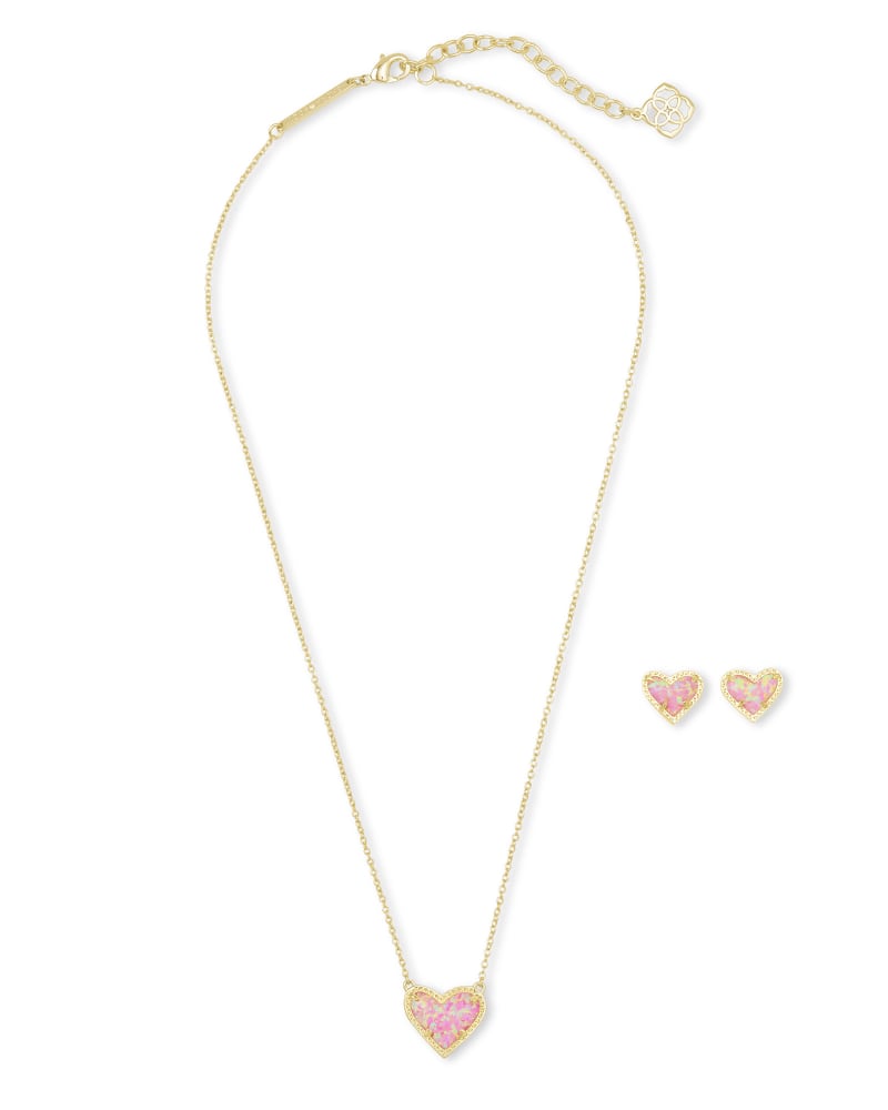 Gift Set Ari Heart Pendant & Stud Gold/Pink Opal