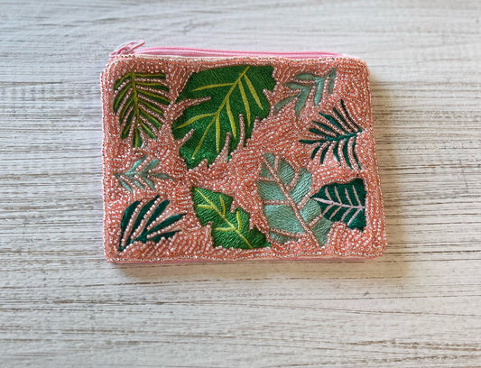 Palm Leaves Light Pink Beaded Pouch
