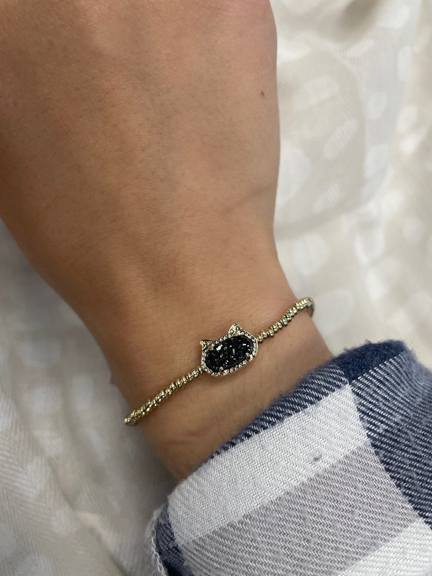 Elisa Cat Stretch Bracelet Gold Black Drusy