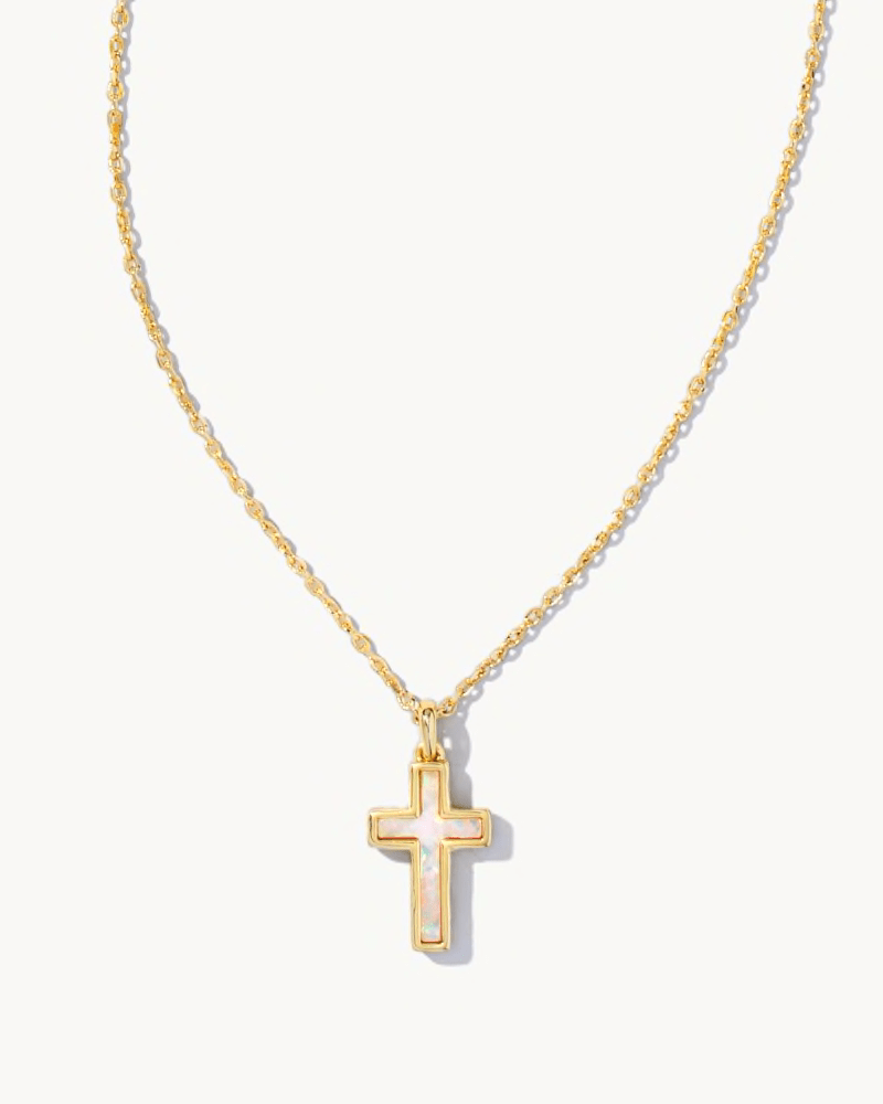 Cross Pendant Necklace Gold White Opal - She Chester